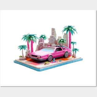 Vaporwave DeLorean Palm Tree Scene Posters and Art